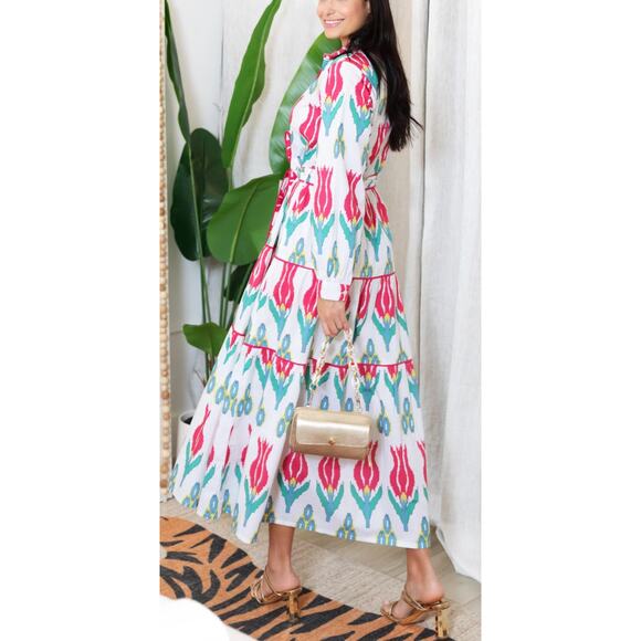 OLIPHANT Tuckernuck Tie Waist Belt Shirt Dress Maxi Midi Ikat Sumba Red Print XS - Picture 2 of 16